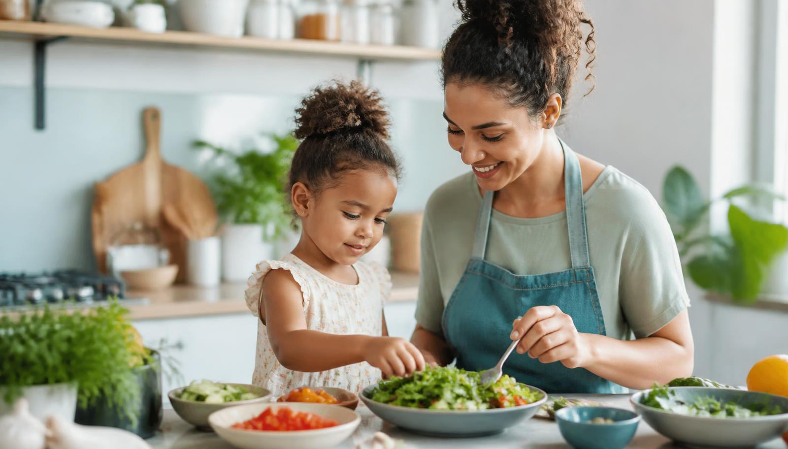 Parent and child preparing a healthy meal together in a bright kitchen